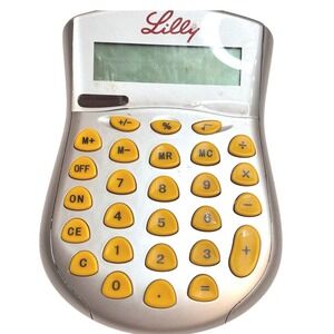 Lilly Calculator Guitar Shaped‎ Pink Script Buttons Yellow Pharmaceutical Ad